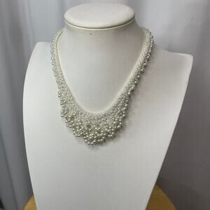 White crocket necklace or collar faux pearl button close closure costume jewelry